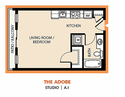 Floor plan for studio, 1 bath, 571 sqft